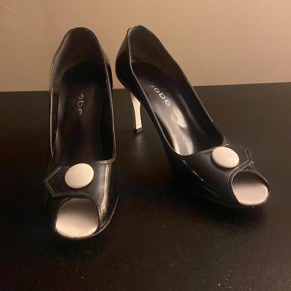 Bebe black and white patent leather peep toe heels size 10 - Picture 2 of 13